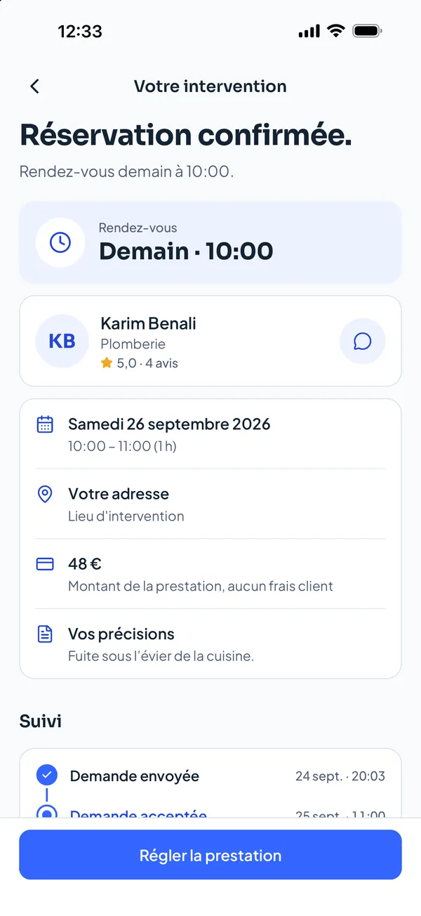Réservation confirmée avec un plombier : rendez-vous demain à 10 h, 48 euros, aucun frais client, bouton Régler la prestation.