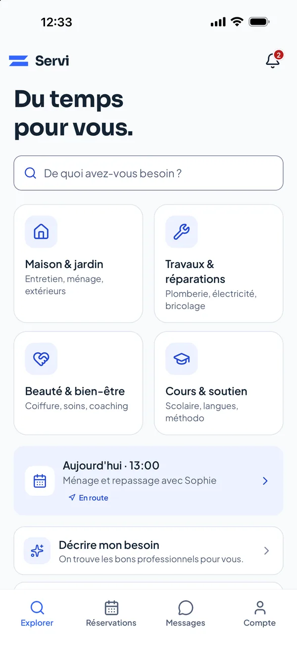 Écran d’accueil de Servi : recherche et quatre familles de services, Maison et jardin, Travaux et réparations, Beauté et bien-être, Cours et soutien.