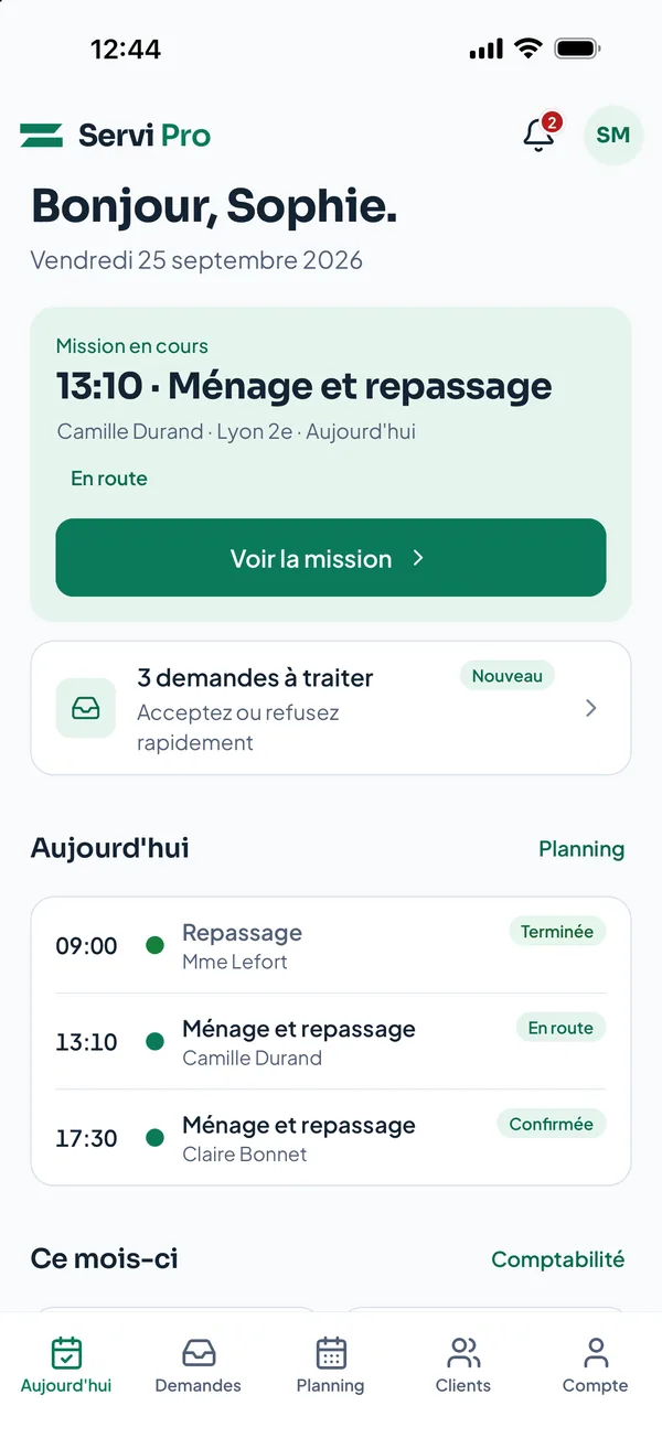 Écran Aujourd’hui de Servi Pro : mission en cours, trois demandes à traiter et planning de la journée.