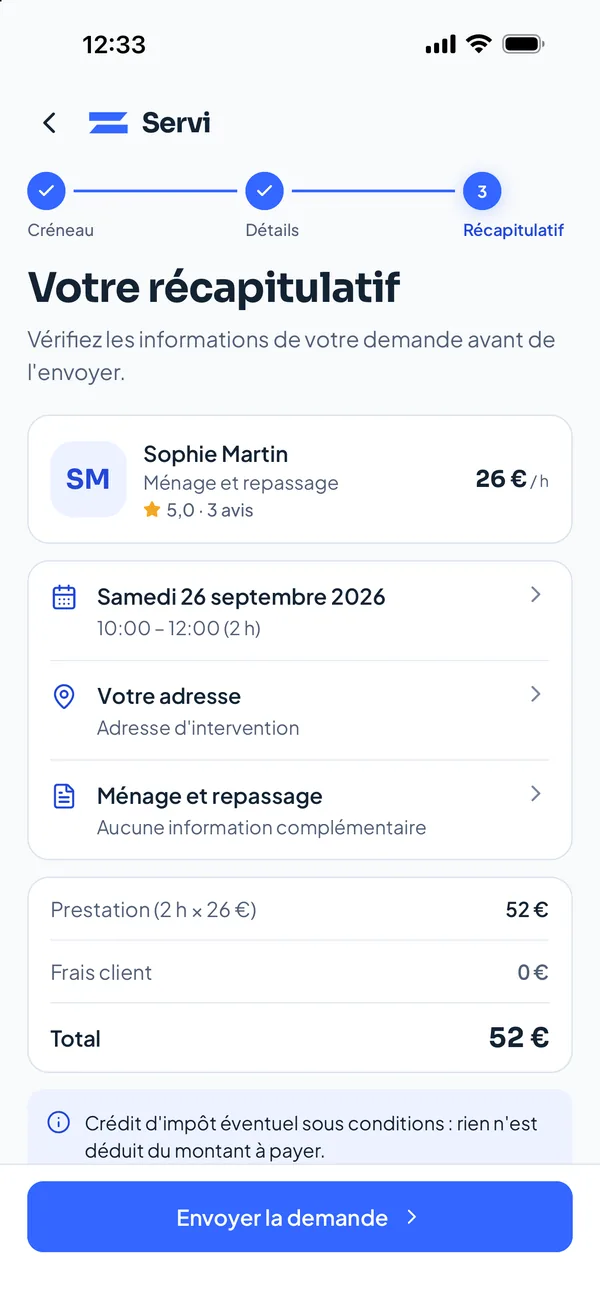 Récapitulatif d’une demande : 2 heures à 26 euros, frais client 0 euro, total 52 euros, bouton Envoyer la demande.